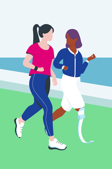 Illustration of two women running, one with prosthetic leg.