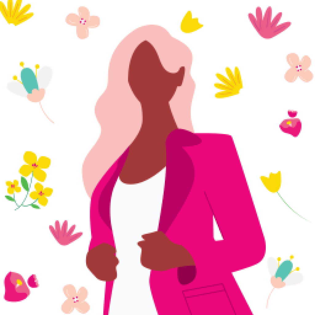 Illustration of woman with flowers in the background against white backdrop