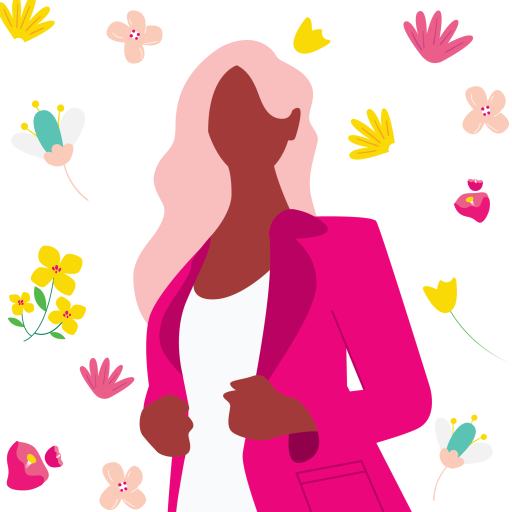 Illustration of woman with flowers in the background against white backdrop