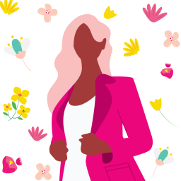 Illustration of woman with flowers in the background against white backdrop