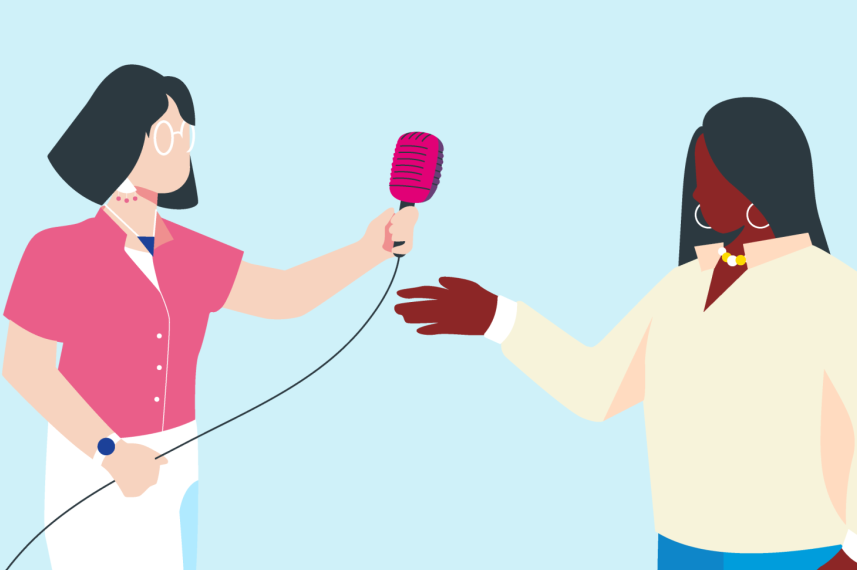 Illustration of two women, one passing microphone to the other
