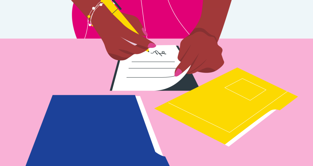 Woman signing documents representing corporate governance