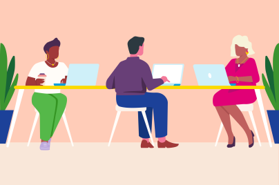 group of 3 individuals working at office table with laptop computers