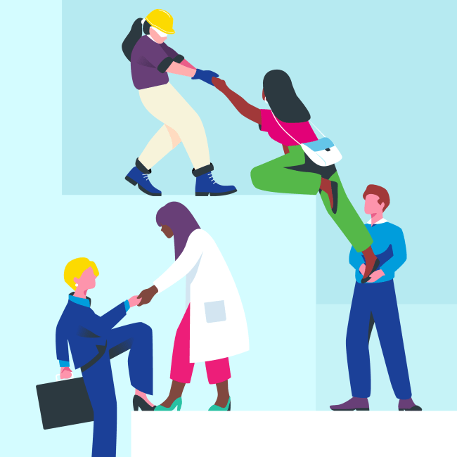 diverse group of people in various professions climbing large blocks and supporting each other