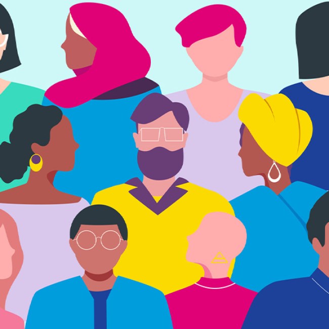 Illustration of rows of diverse group of individuals looking left, right and forwards