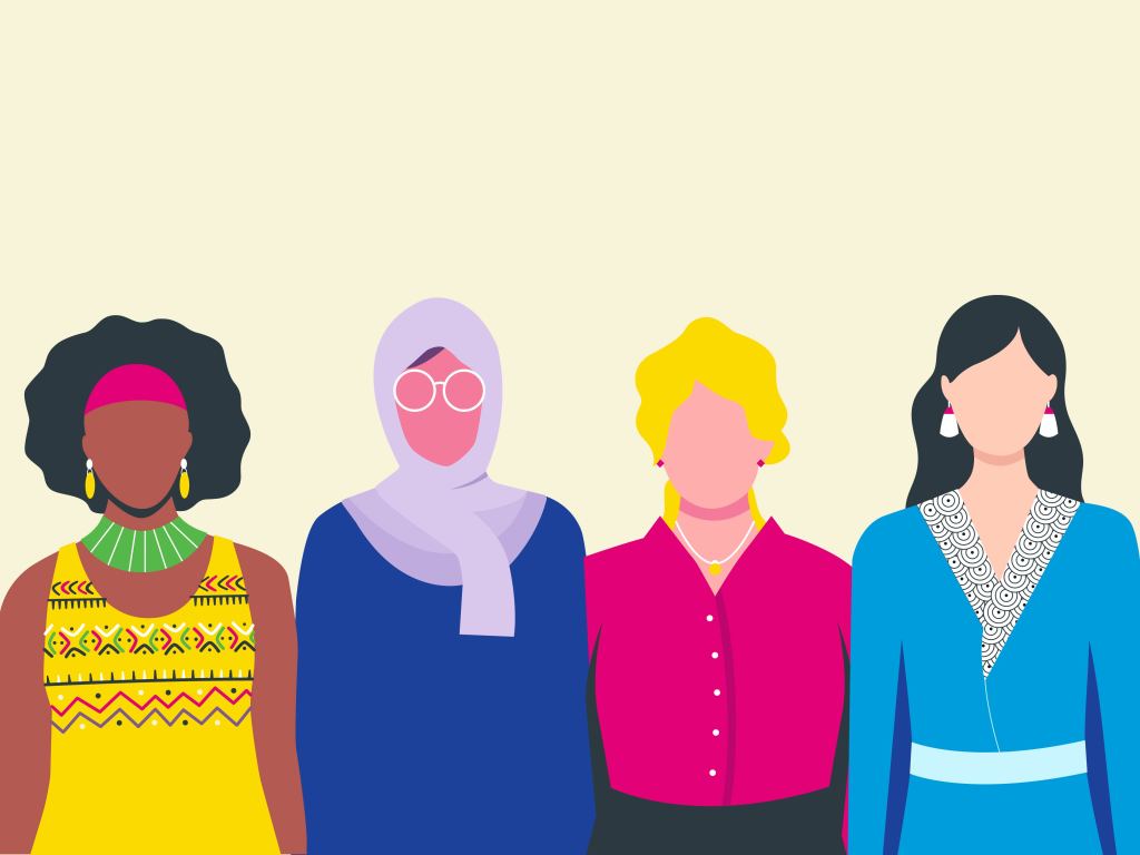 illustration of 4 diverse women standing shoulder to shoulder in line