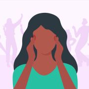 Illustration of woman holding head with migraine pain