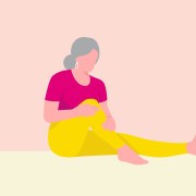 Illustration of woman with osteoporosis pain holding her knee while sitting on the ground