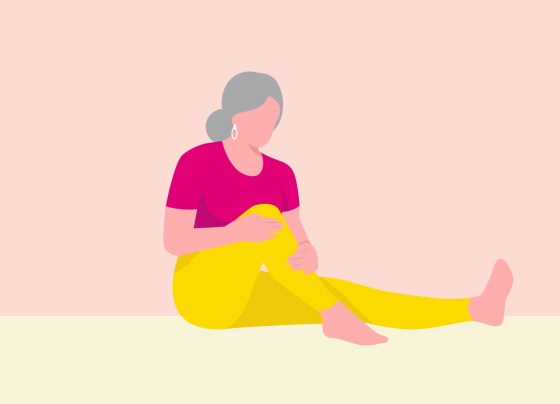 Illustration of woman with osteoporosis pain holding her knee while sitting on the ground