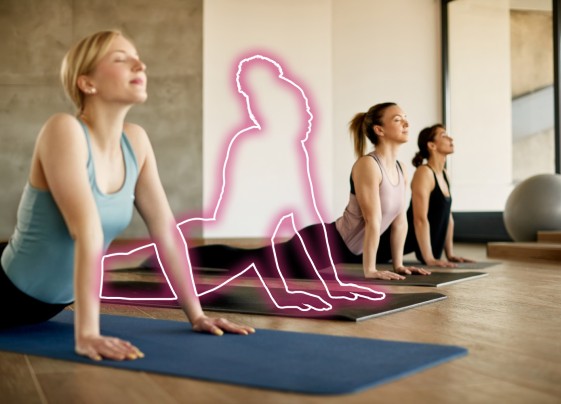 women doing yoga in studio setting with silhouette representing woman missing the event due to migraine